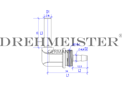 Технически чертеж на DREHMEISTER фитинг на 90° 6мм-6мм за термопластична тръба